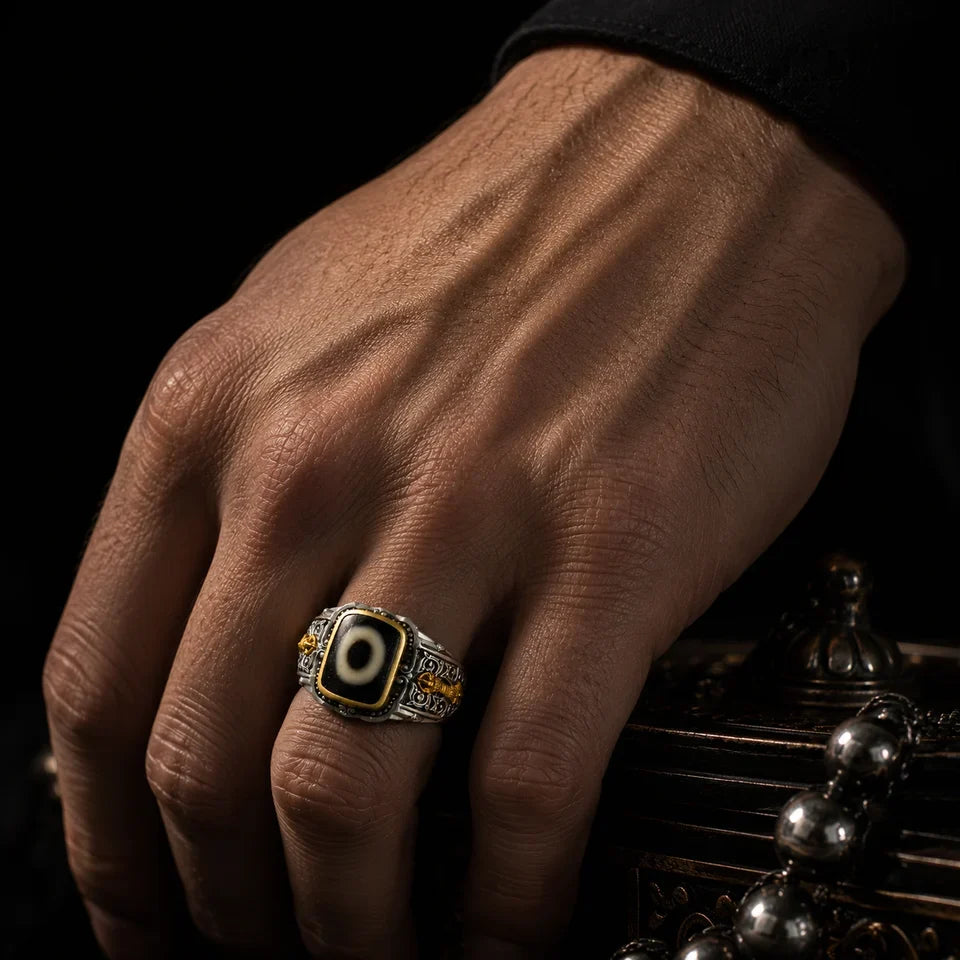 Clarity Dzi Silver Protection Tibetan Treasure Ring