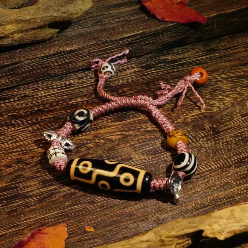 Nine Eye Dzi Bone Agate Braided Cord Bracelet