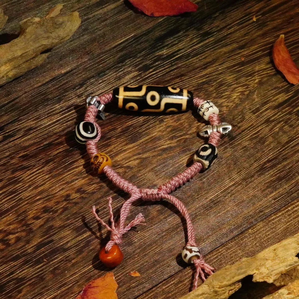 Nine Eye Dzi Bone Agate Braided Cord Bracelet