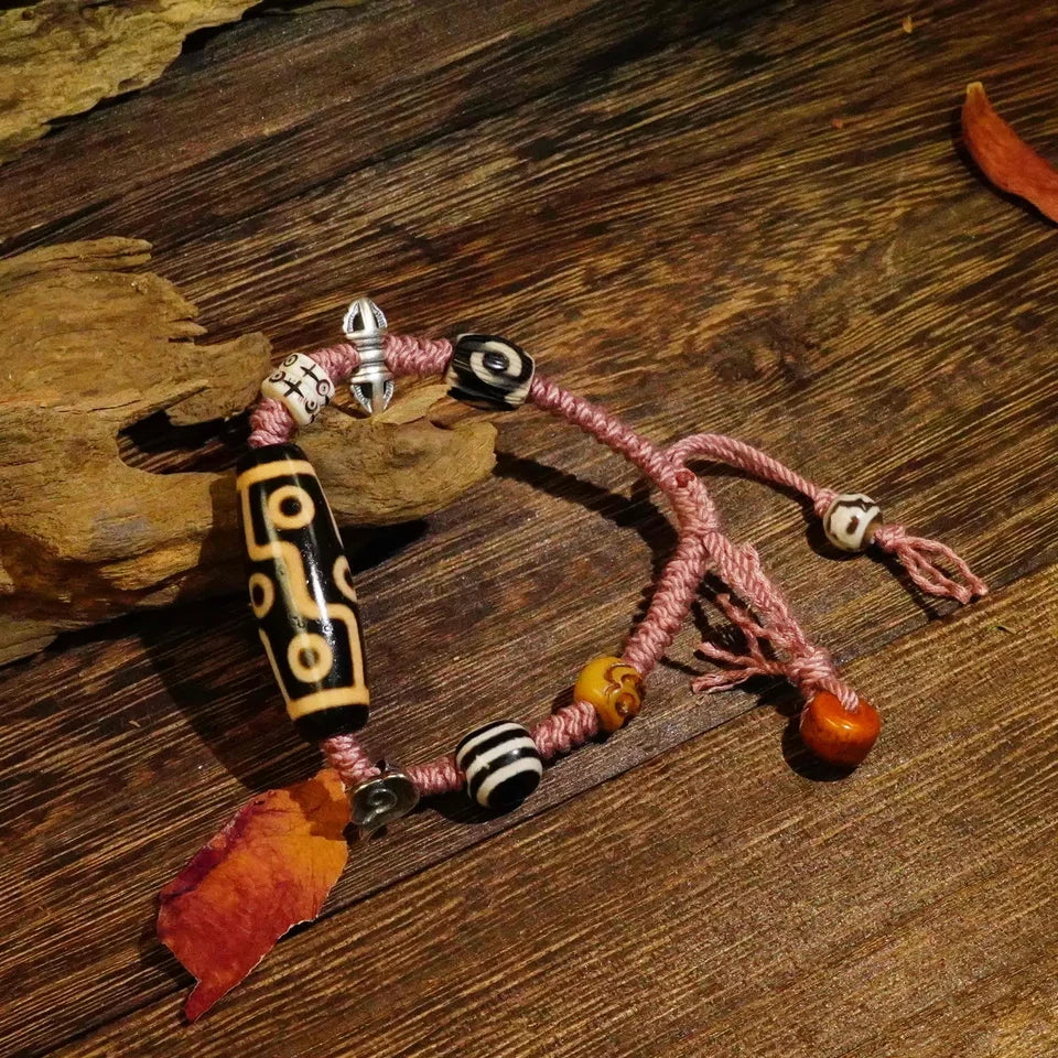 Nine Eye Dzi Bone Agate Braided Cord Bracelet