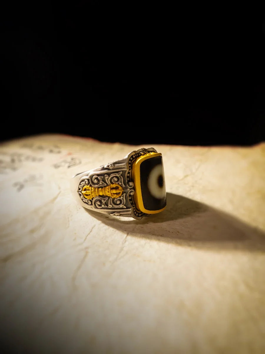 Clarity Dzi Silver Protection Tibetan Treasure Ring