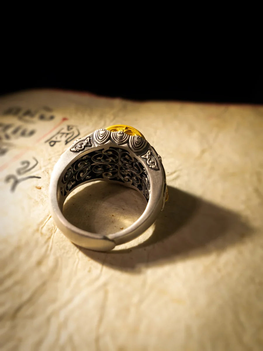 Clarity Dzi Silver Protection Tibetan Treasure Ring