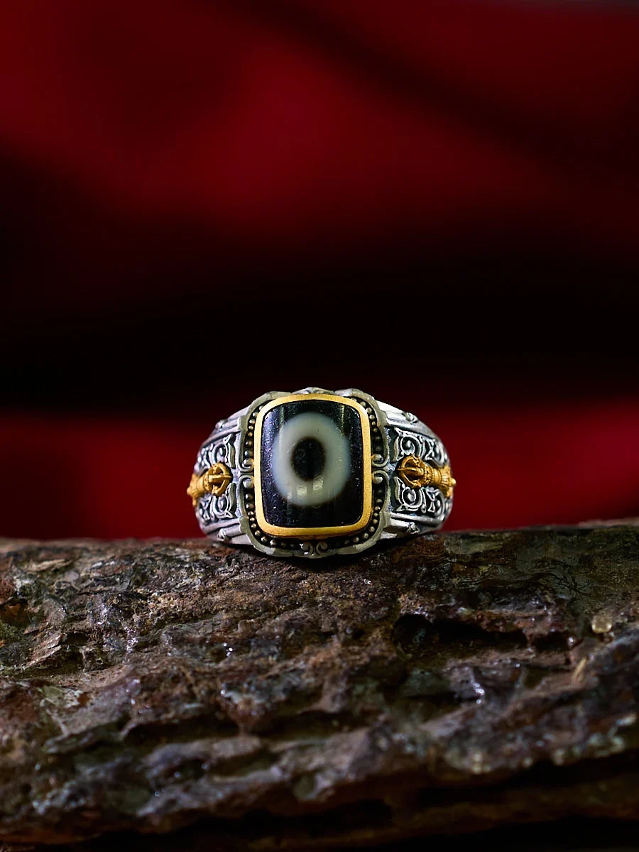 Clarity Dzi Silver Protection Tibetan Treasure Ring