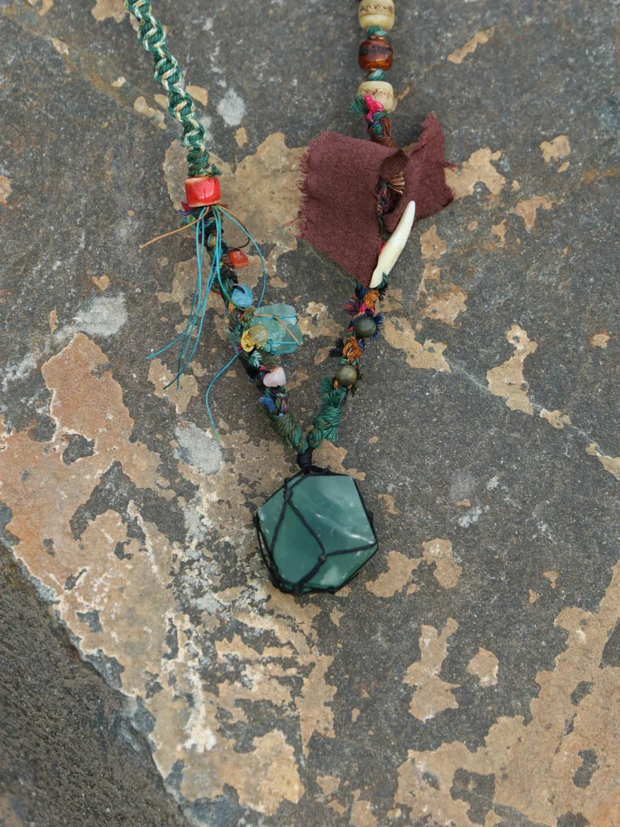 Healing Clarity Green Fluorite Raw Stone Tibetan Necklace