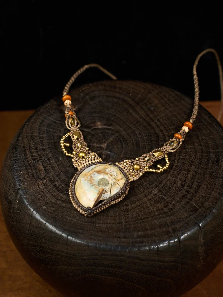 Growth & Abundance Ancient Spiral Ammonite Citrine Macramé Necklace