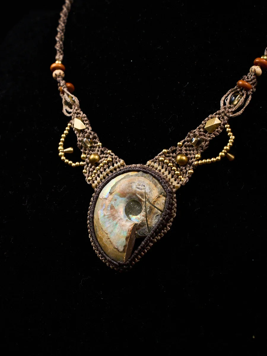 Growth & Abundance Ancient Spiral Ammonite Citrine Macramé Necklace