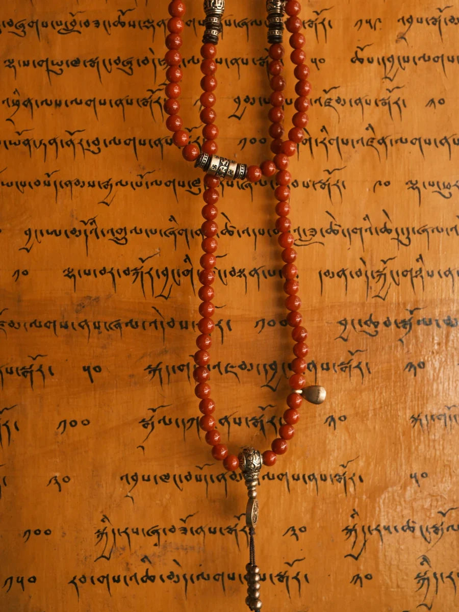 Health Protection Red Agate Obsidian Copper 108 Mala Necklace